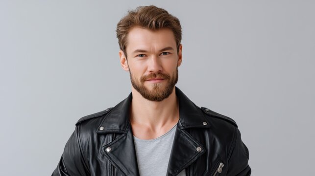 Stylish young man in leather jacket poses confidently against a neutral background, showcasing modern fashion and charisma with a well-groomed beard