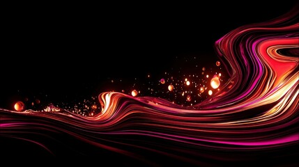 An abstract digital art piece featuring flowing, wave-like forms in shades of red and purple against a black background. Scattered glowing orbs and particles ad
