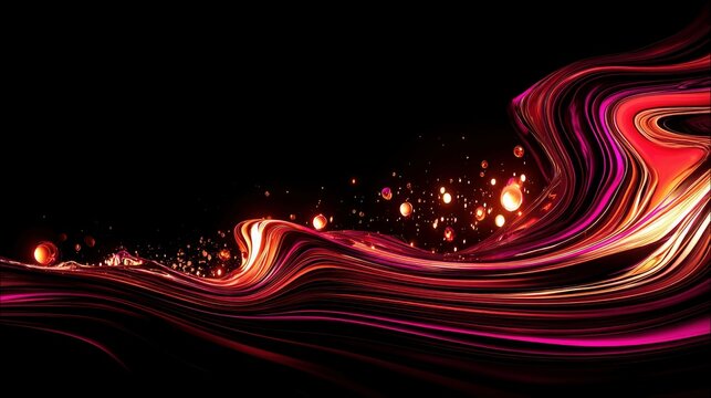 An abstract digital art piece featuring flowing, wave-like forms in shades of red and purple against a black background. Scattered glowing orbs and particles ad