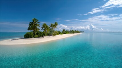 Fototapeta premium Serene Tropical Island Paradise with Clear Blue Waters, Lush Palm Trees, and Soft Sandy Beach Under a Bright Sunny Sky
