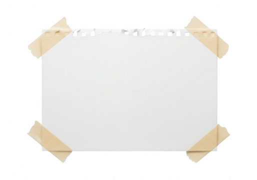 Blank white paper torn from a notebook with perforated top edge, fixed by beige masking tape. - Powered by Adobe