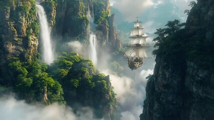 Aerial view of a sailing ship in flight against a backdrop of misty mountains and lush greenery. The ship is a large, threemasted vessel with white sails, and it appears to be in motion.