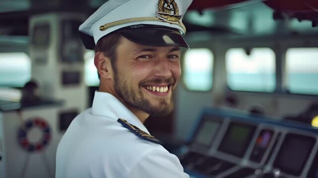 A closeup of a man in a captains uniform, smiling at the camera. He is wearing a white uniform with gold epaulettes and a navy blue cap with a gold emblem. The background is blurred.