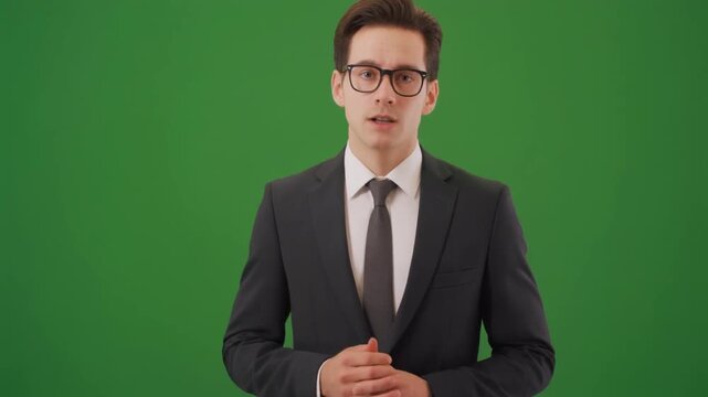 Confident young television host or news broadcaster presenting information directly to the camera against a greenscreen