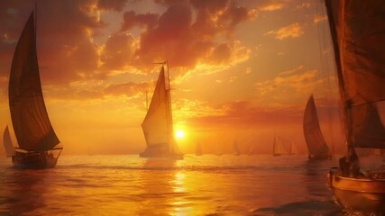 A vivid portrayal of a sailboat during sunset on a calm sea. The sky is painted with a warm, golden hue.