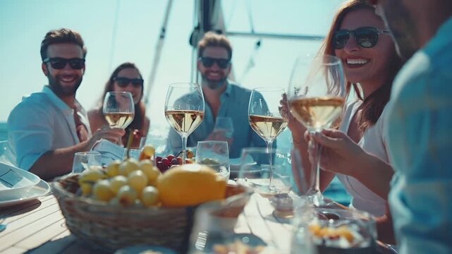 Blunt, detailed, closeup shot of a group of people enjoying a sunny day on a boat, with a focus on the woman in the foreground who is raising a glass of white wine.