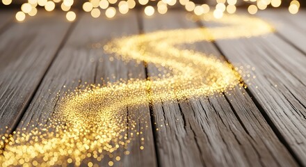 Magical golden glitter path winding across rustic wooden plank floor with soft bokeh lights creating a festive, enchanting, and mysterious atmosphere for celebration or fantasy concept