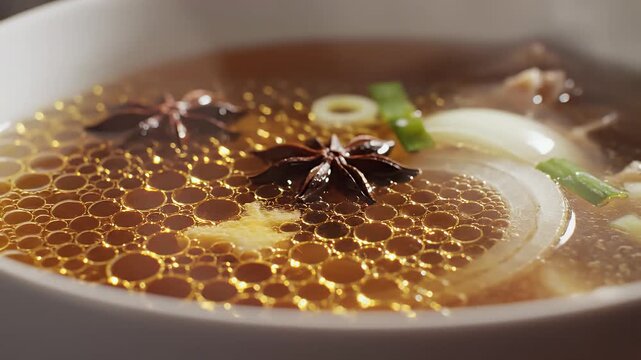 Close-up shot of steaming pho soup with star anise, onions, and scallions in a bowl