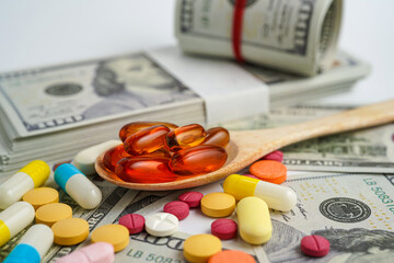 Pills on money dollars, Medicine prescription drugs cost concept, healthcare expenses