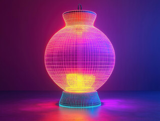 A Cyber-Inspired Neon Wireframe Lantern with Floating Holi Colors