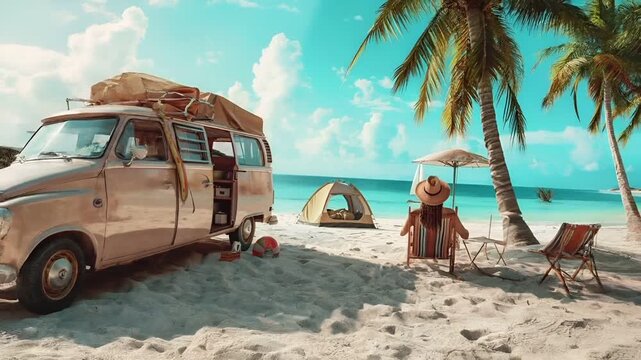 A vivid portrayal of a beach scene with a woman lounging under a palm tree, overlooking the ocean. The woman is wearing a straw hat and a striped shirt.