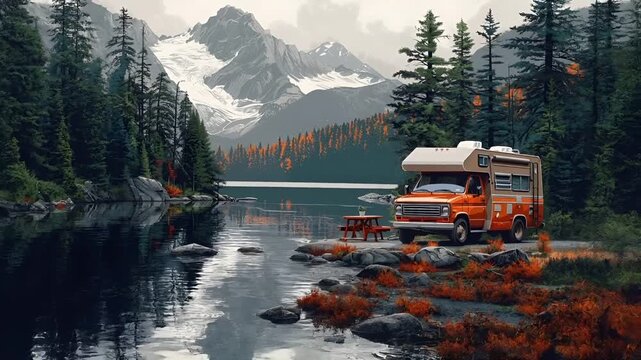 A vivid illustration of an orange and white recreational vehicle RV parked by a serene lake with mountains in the background. The RV is depicted in a side profile view.
