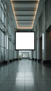 Blank digital billboard screen in a modern building hallway or lobby
