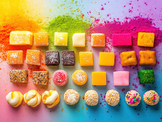 A Flat Lay of Delectable Sweets with Vibrant Holi Color Bursts in the Backdrop
