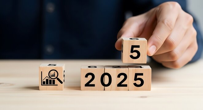 Hand placing wooden block with number 5 on top of blocks showing 2025, symbolizing planning, goal setting, or future business projection for the year ahead