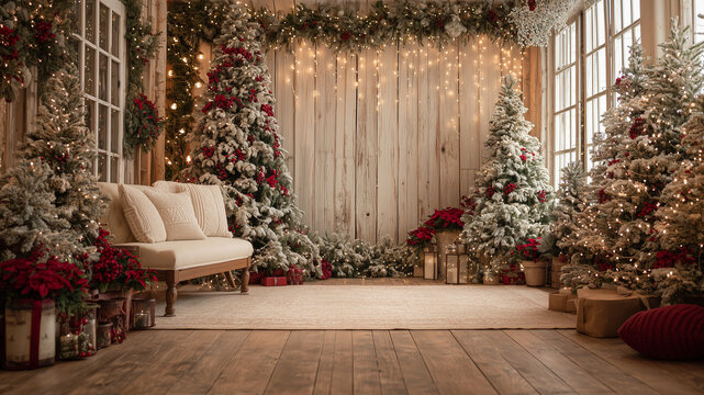 Interior de est&uacute;dio de Natal luxuoso e r&uacute;stico com &aacute;rvores nevadas e sof&aacute;