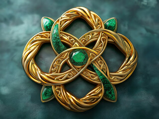 Green Gemstones and Gold Nuggets in a Balanced Arrangement on Dark Surface