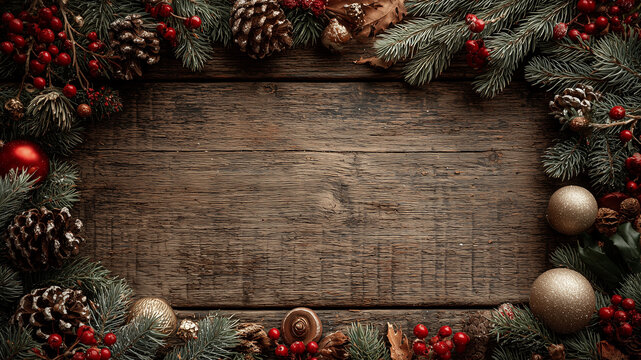 Fundo de Natal r&uacute;stico com t&aacute;buas de madeira e moldura de pinhas e azevinho