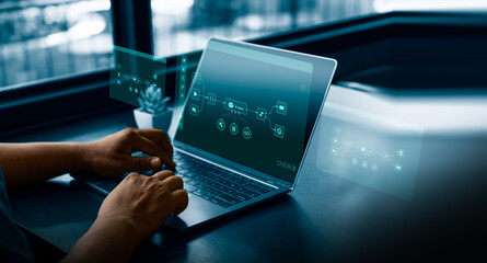 Artificial intelligence automation and AI agent workflow concept with person using digital tablet to design process diagram, symbolizing machine learning, innovation, and smart technology