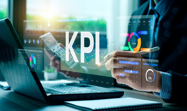 Business professional analyzing performance dashboard on digital tablet, visualizing KPI metrics, business insights, and data-driven strategy for corporate success and informed decision making.