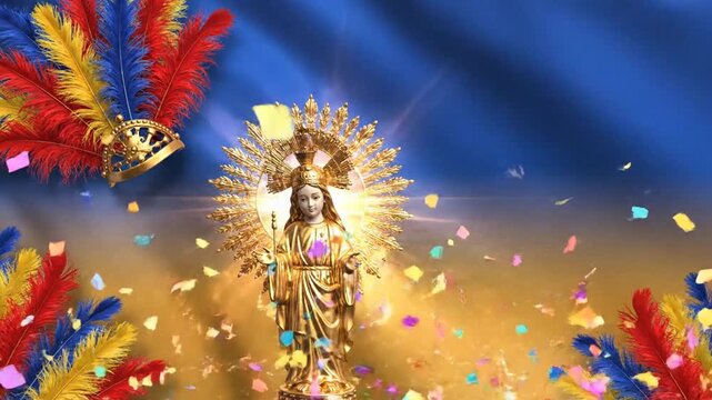 traditional Sinulog headdress feathers swaying subtly, Santo Ni&ntilde;o ornament glowing at center