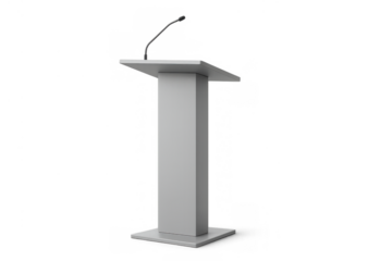 Podium with a gooseneck microphone ready for a speaker addressing an audience during a conference or event. Transparent background