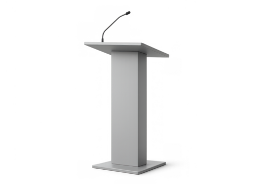 Podium with a gooseneck microphone ready for a speaker addressing an audience during a conference or event. Transparent background