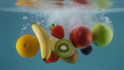 A vibrant assortment of fresh, healthy fruits plunges into crystal clear water, creating an invigorating splash and a refreshing cascade of natural goodness - Powered by Adobe