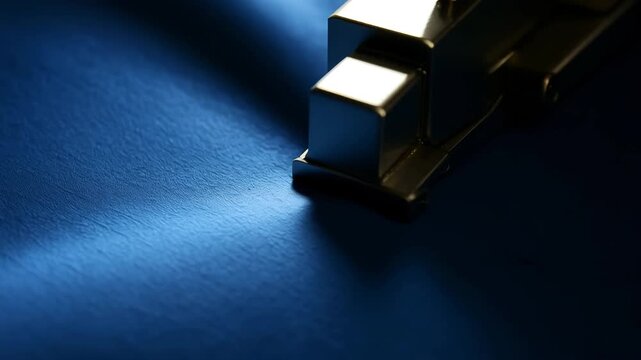 Close-up of a metallic blade or cutting tool slicing through textured blue material, with sharp contrast, dramatic lighting, and visible fabric surface detail&mdash;ideal for technology, manufacturing, or i