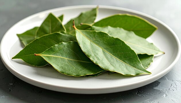 Close up photo of fresh bay leaves on a simple white plate