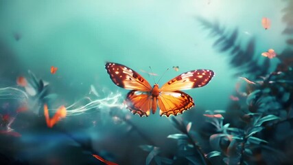 A vivid, highresolution digital artwork of a butterfly in midflight. The butterfly is rendered in a rich palette of orange and brown, with intricate patterns on its wings and body.