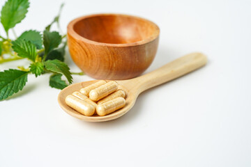 Alternative medicine herbal organic capsule vitamin E omega 3 fish oil drug herbs leaf natural