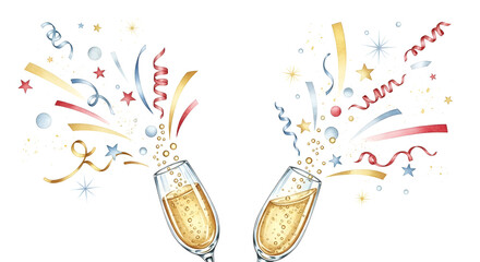 Celebratory Champagne Glasses Clinking with Colorful Party Streamers and Confetti