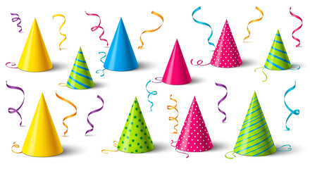 Colorful Party Hats with Ribbons and Confetti on White Background
