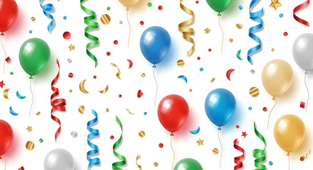 Colorful Balloon and Streamer Party Decorations on White Background