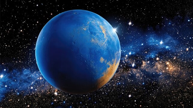 A vibrant blue and orange exoplanet floats in the vastness of space, illuminated by a distant star. Swirling blue and golden nebulae and countless stars create