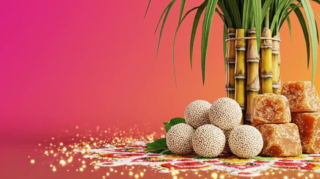 Makar Sankranti symbols sugarcane bundle, tilgul laddoo, jaggery blocks, decorative rangoli animating subtly
