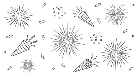 Celebratory Fireworks and Party Confetti in Black and White Line Drawing