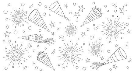 Black and White Celebration Fireworks and Party Hats Pattern for Festive Design