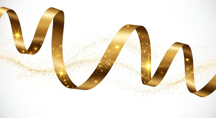 Gold Ribbon Twisting Sparkling Confetti on White Background Elegant Decorative Element