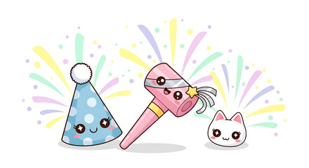 Cute Cartoon Party Items Fireworks Confetti Celebrating with Pink Hammer and Cat