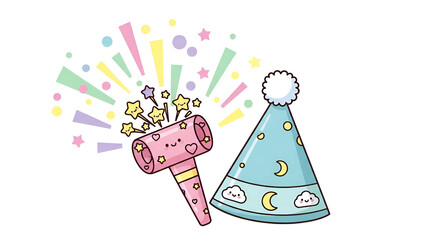 Cute Pink Party Noise Maker and Blue Party Hat with Moon and Cloud Decorations