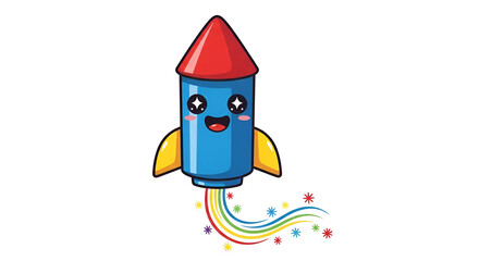 Cute Cartoon Rocket with Happy Face Bright Colors on White Background
