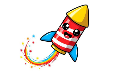Cute Cartoon Rocket with Happy Face Bright Colors and Sparkles on White Background