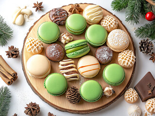 Delicious Green Macarons and Desserts on a Natural Wooden Tray