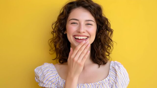 Young woman laughing joyfully with hand near chin and young female smiling with hand covering mouth curly hair portrait joyful summer candid yellow