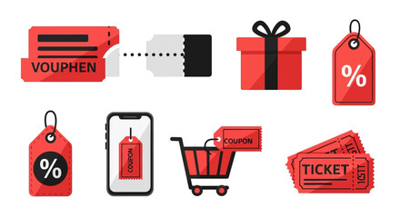 A versatile set of red commerce icons representing sales, discounts, vouchers, and online shopping offers