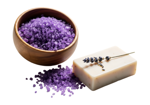 Lavender bath salts and soap isolated on transparent background