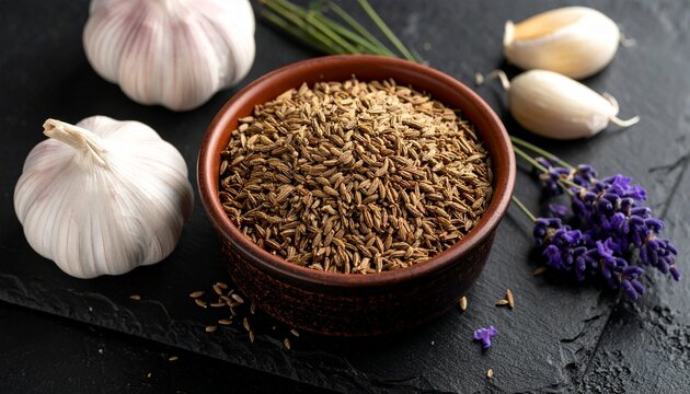 Aromatic cumin seeds freshly served with lavender and garlic photo