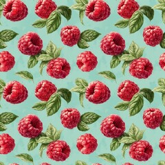 Seamless pattern with bright fresh raspberries and green leaves on a pastel mint background illustration for design, packaging and textiles